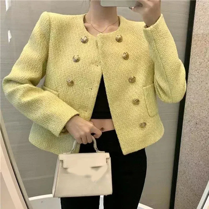 Chic Yellow Tweed Jacket Women  Autumn Double Breasted O-neck Woolen Coat Ladies Office Winter Elegant Street Outerwear