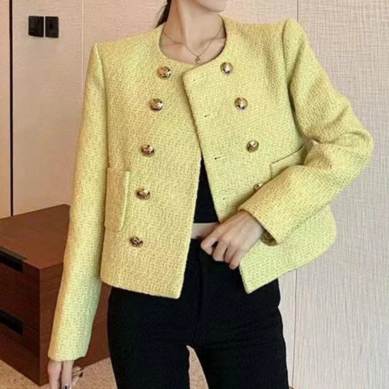 Chic Yellow Tweed Jacket Women  Autumn Double Breasted O-neck Woolen Coat Ladies Office Winter Elegant Street Outerwear