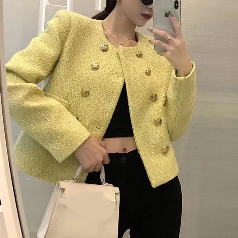 Chic Yellow Tweed Jacket Women  Autumn Double Breasted O-neck Woolen Coat Ladies Office Winter Elegant Street Outerwear