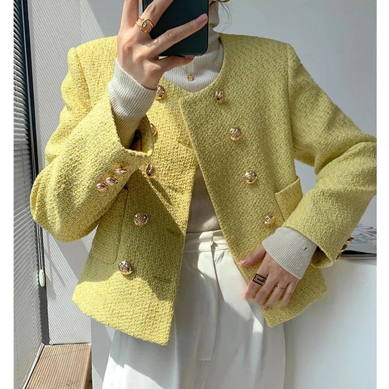 Chic Yellow Tweed Jacket Women  Autumn Double Breasted O-neck Woolen Coat Ladies Office Winter Elegant Street Outerwear