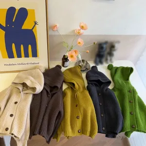 Children Knitted Sweaters Cardigan Autumn Winter Cute Solid Color Single-Breasted Hooded Coat Baby Cardigan Boys Girls Jacket