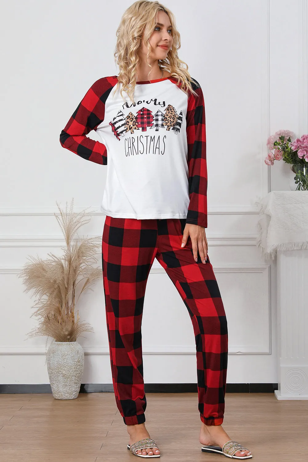 Christmas Pajama Sets | Fiery Red Plaid Merry Christmas Graphic Loungewear Set | Christmas Gift Ideas