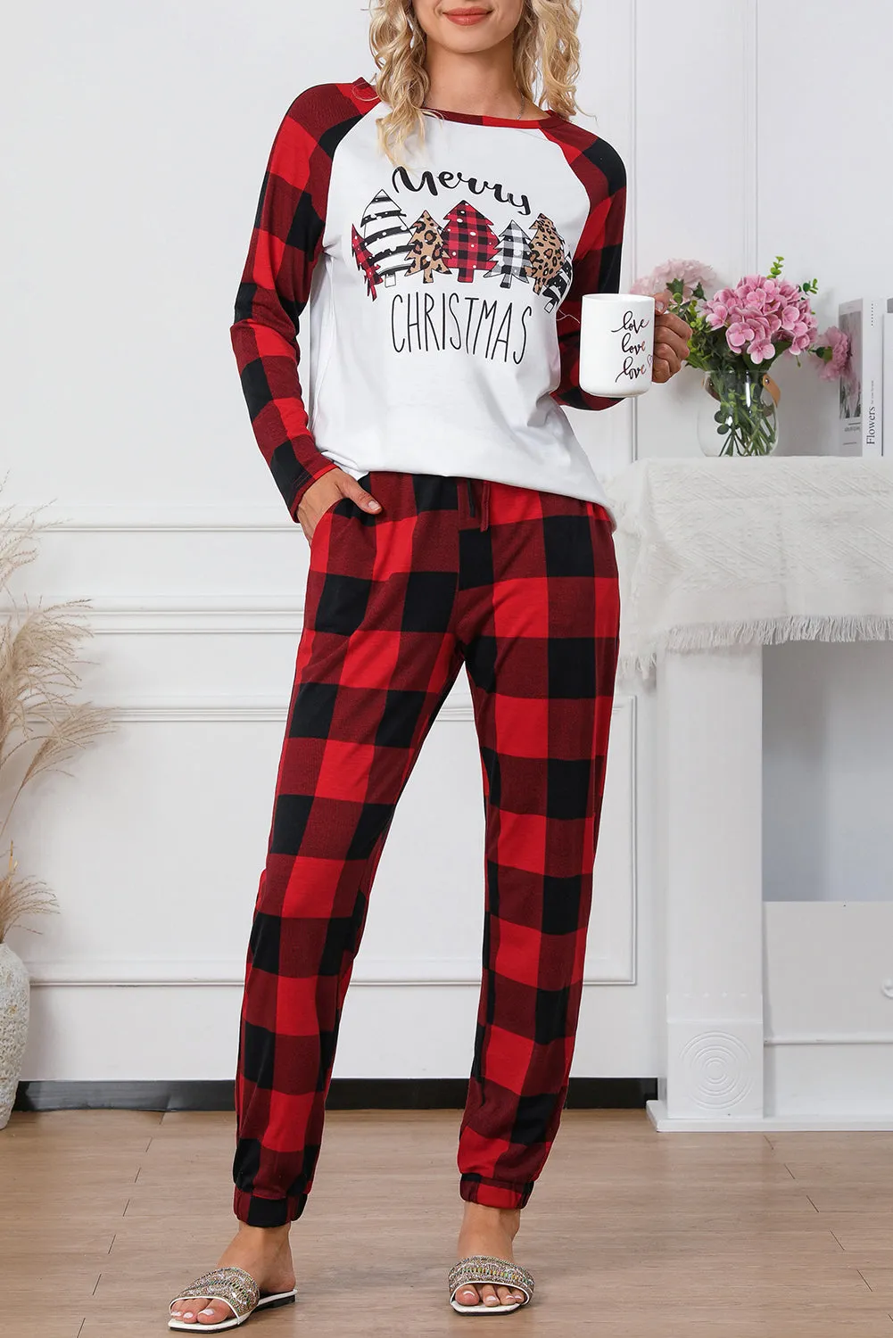 Christmas Pajama Sets | Fiery Red Plaid Merry Christmas Graphic Loungewear Set | Christmas Gift Ideas