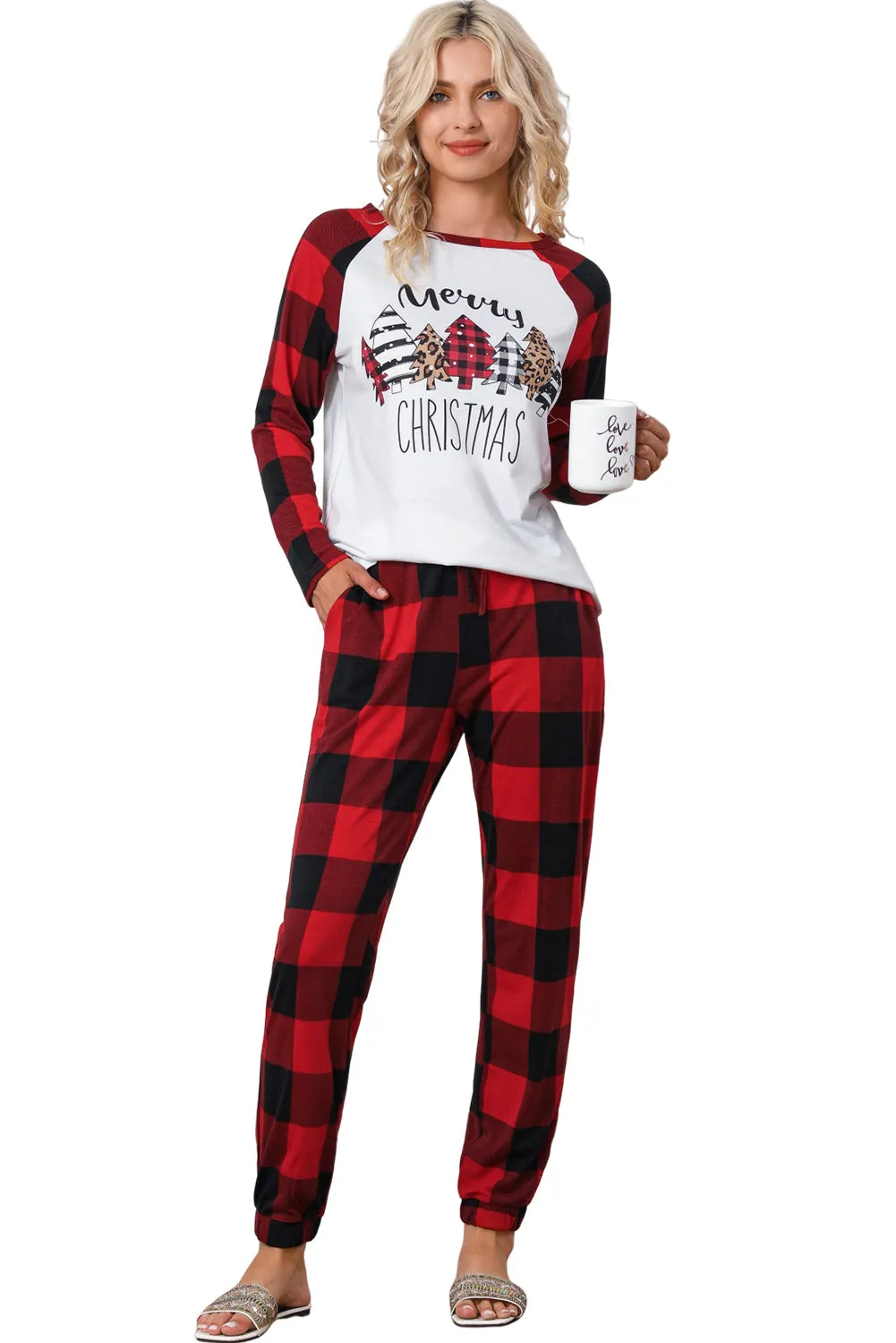 Christmas Pajama Sets | Fiery Red Plaid Merry Christmas Graphic Loungewear Set | Christmas Gift Ideas