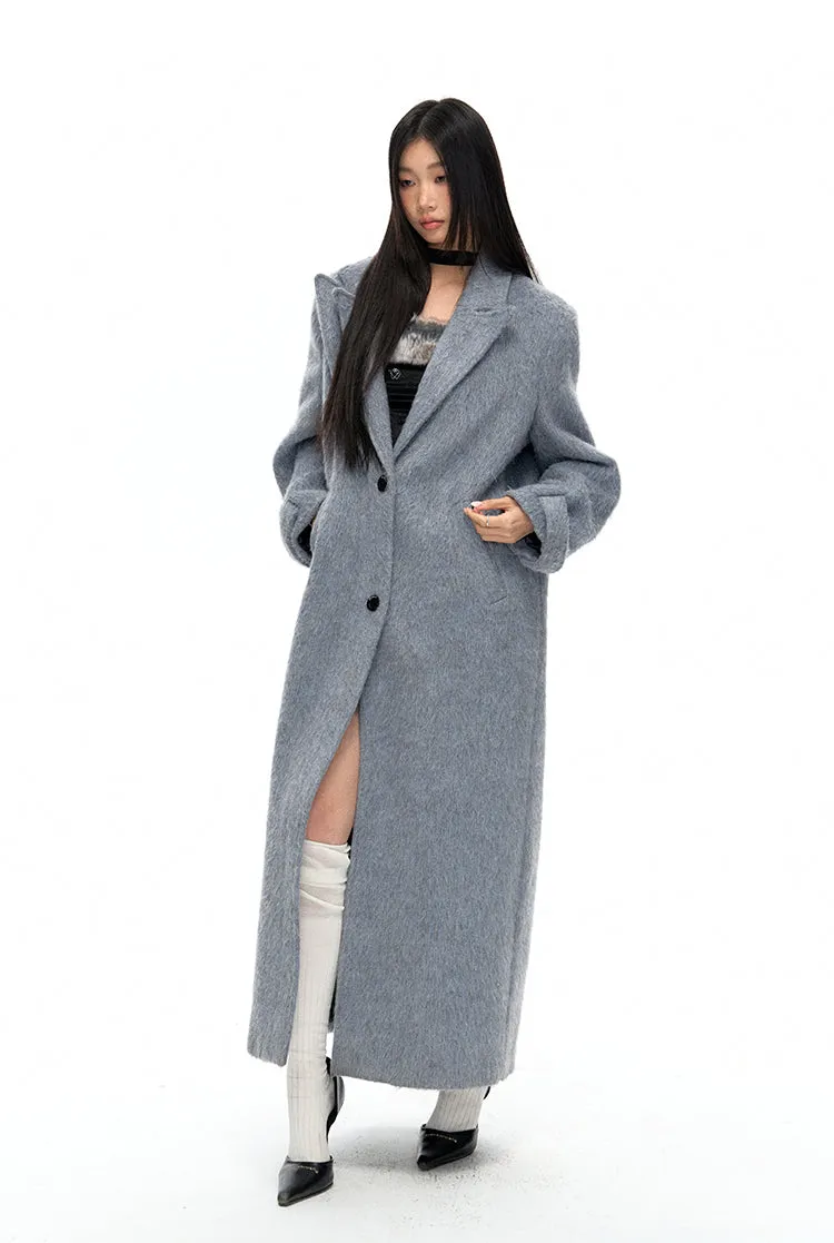 Clerisy Double Peak Lapels Silver Wool Overcoat