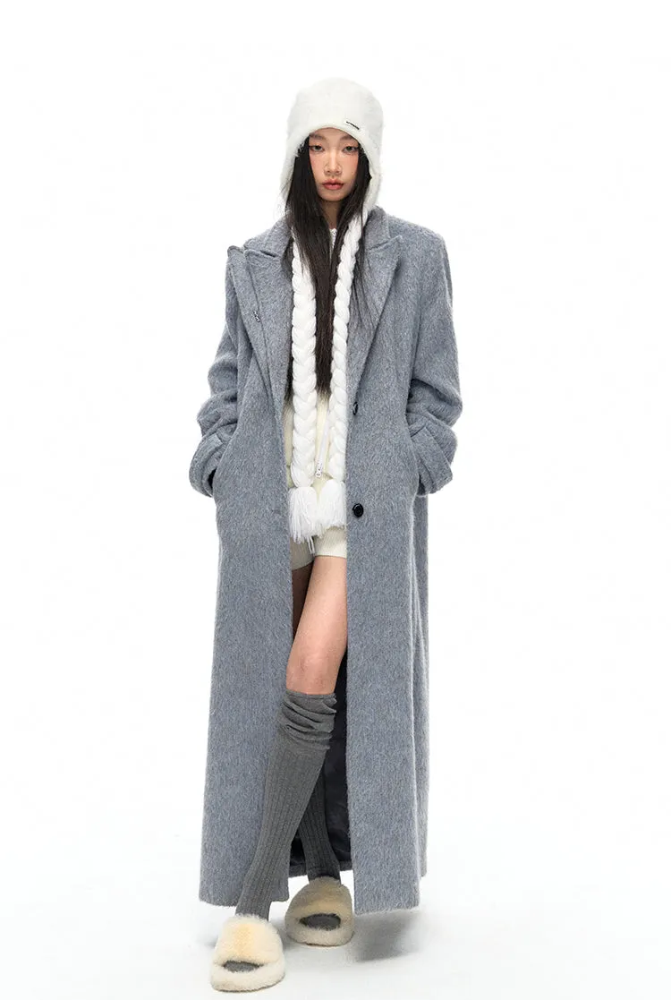 Clerisy Double Peak Lapels Silver Wool Overcoat