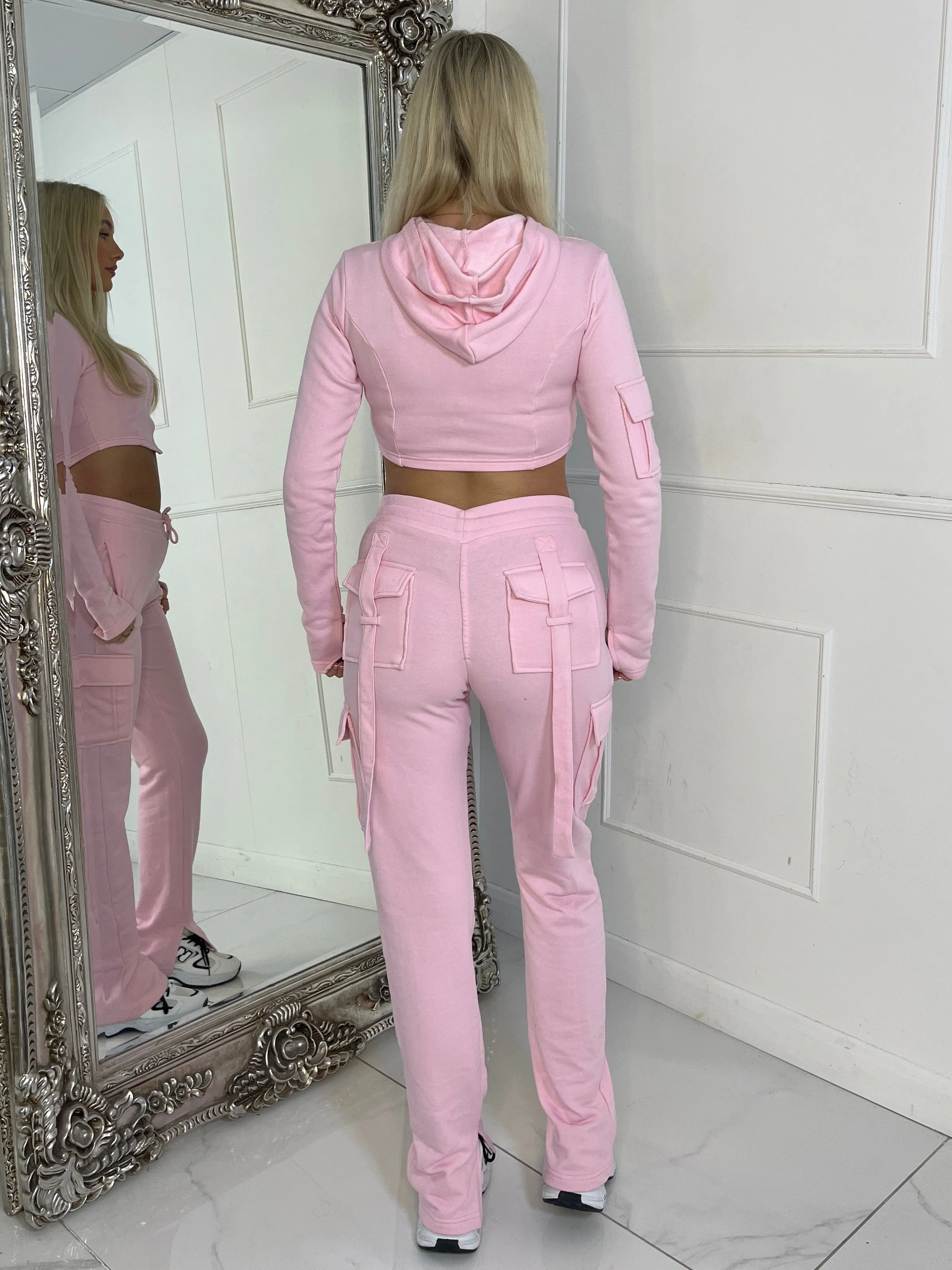 Corset detail hooded top & Ruche Back pocket Joggers Set - Baby Pink