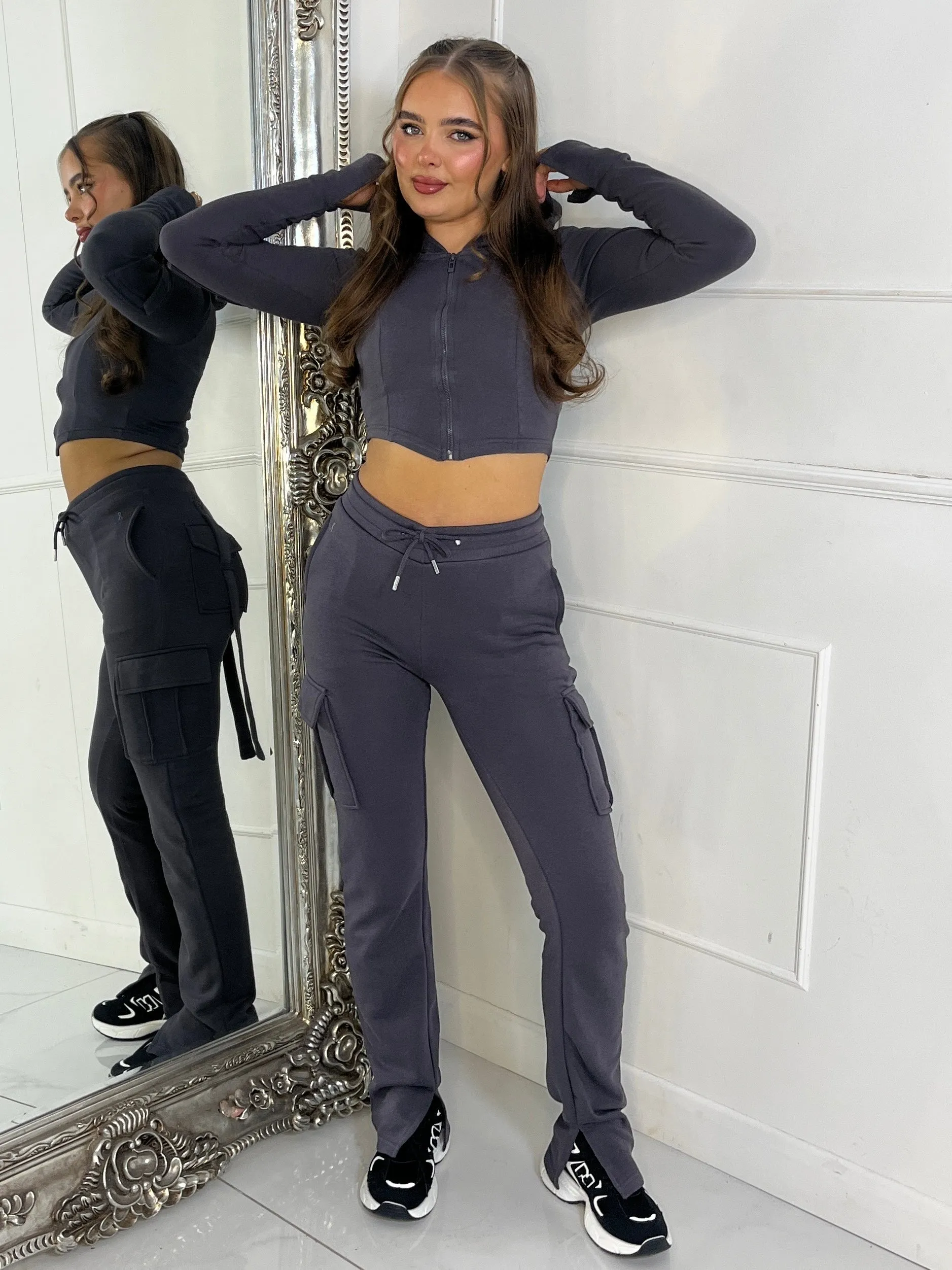 Corset detail hooded top & Ruche Back pocket Joggers Set - Charcoal Grey