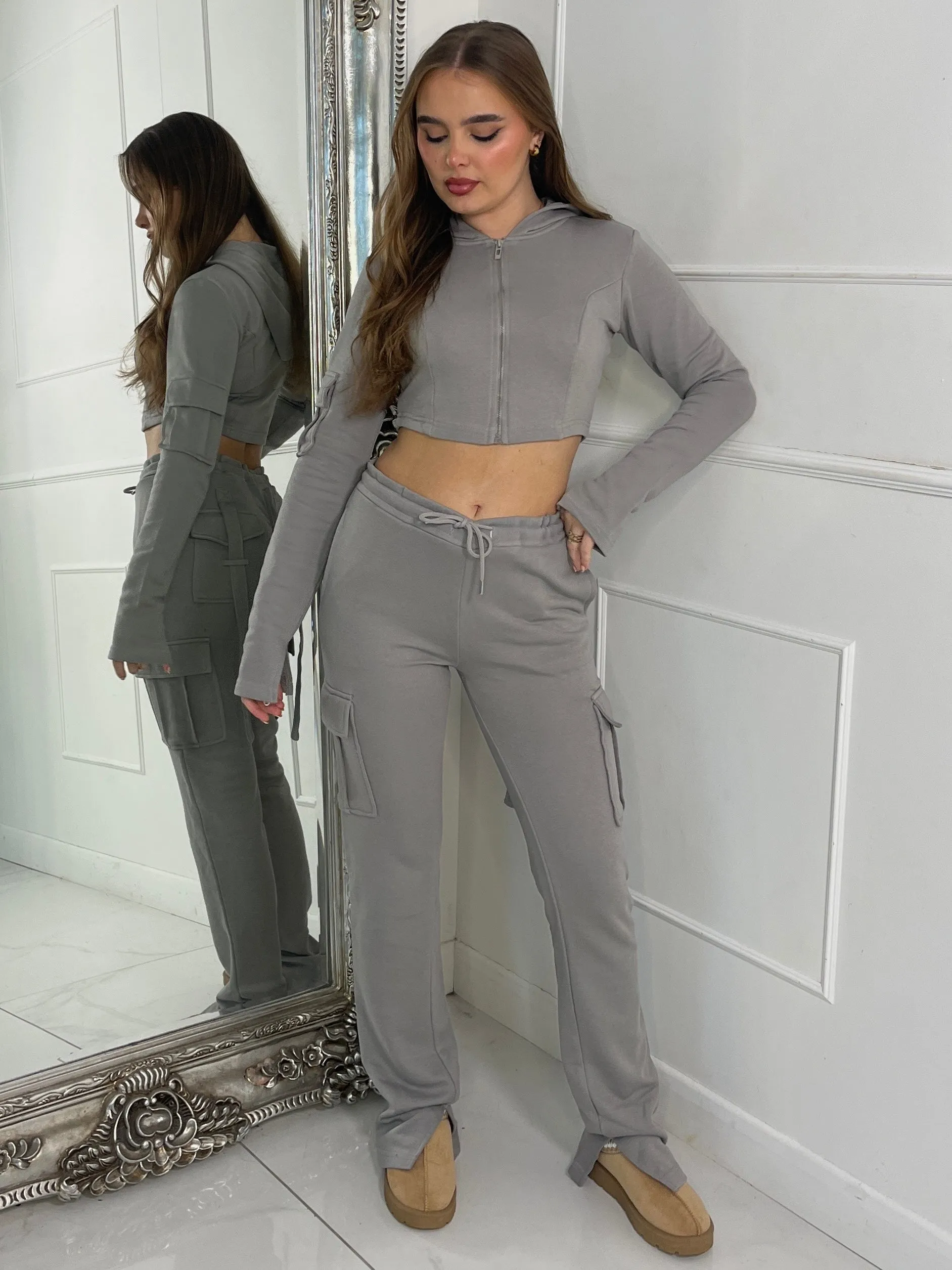 Corset detail hooded top & Ruche Back pocket Joggers Set - Dove Grey