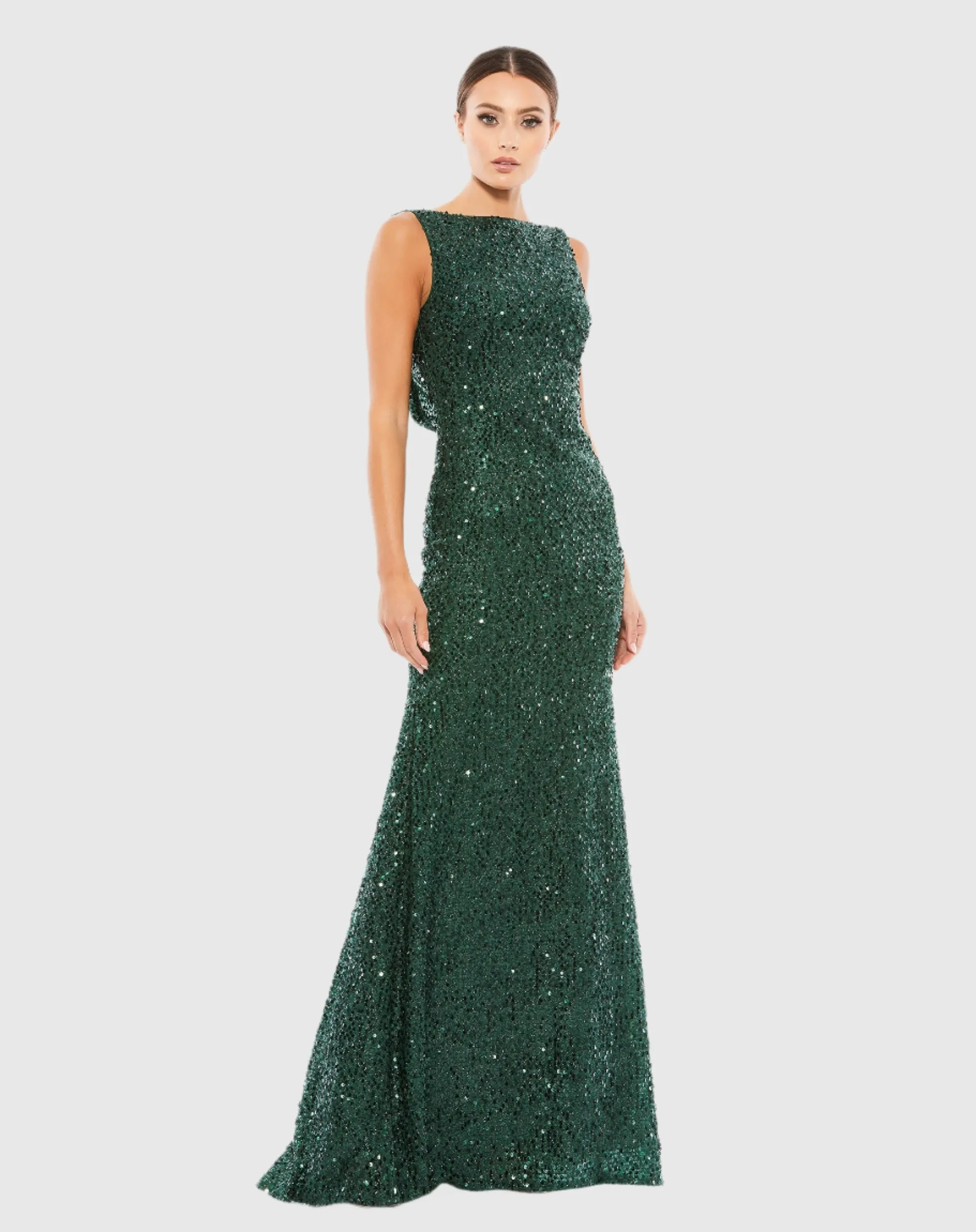 Cowl Back Boat Neck Sequined Evening Gown