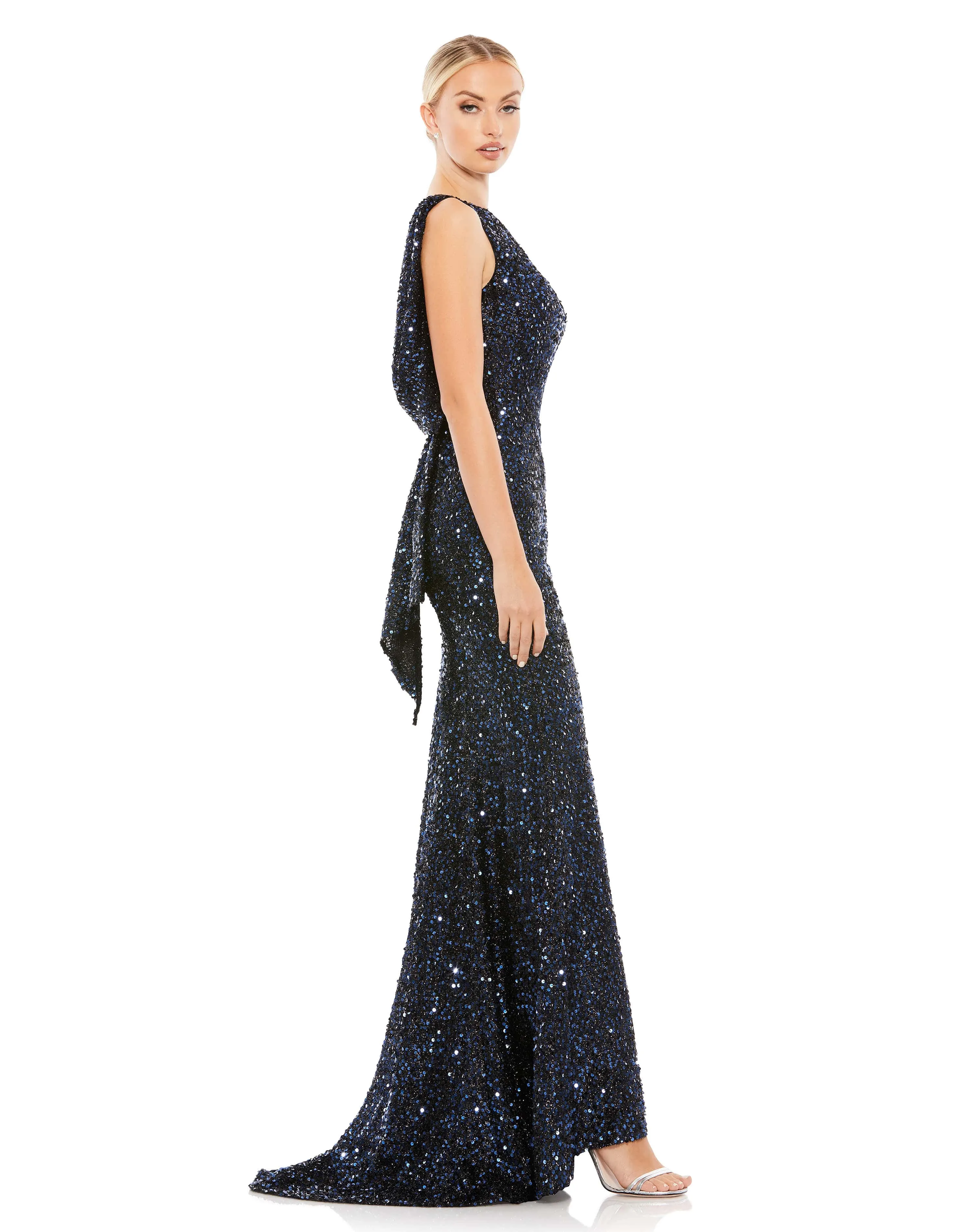 Cowl Back Boat Neck Sequined Evening Gown