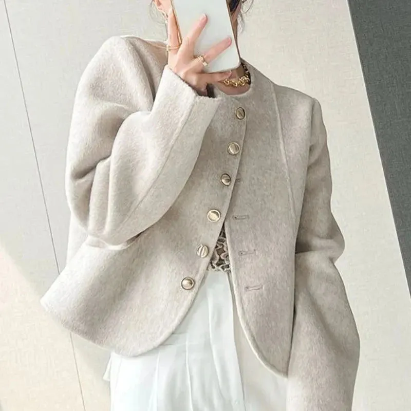 Cropped Blends Women Vintage Elegant Short Wool Coat Korean Single Breasted Jackets Sweet Casual All Match Outerwear Tops