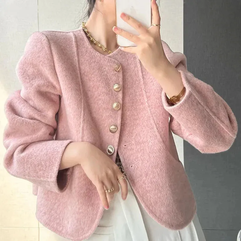 Cropped Blends Women Vintage Elegant Short Wool Coat Korean Single Breasted Jackets Sweet Casual All Match Outerwear Tops