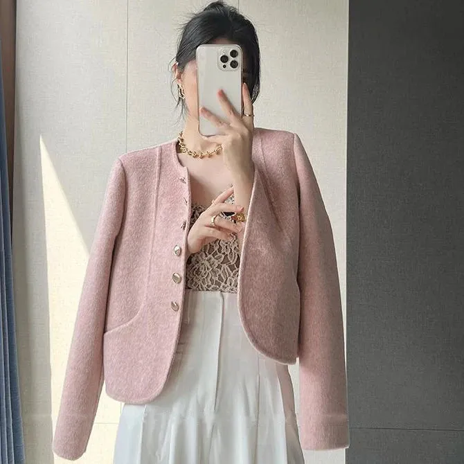 Cropped Blends Women Vintage Elegant Short Wool Coat Korean Single Breasted Jackets Sweet Casual All Match Outerwear Tops