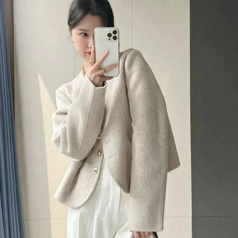 Cropped Blends Women Vintage Elegant Short Wool Coat Korean Single Breasted Jackets Sweet Casual All Match Outerwear Tops