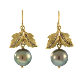 Diamond Stripe Oak Leaf   Pearl Drop Earrings