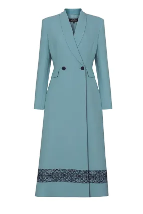 Double-Breasted Coat in Embroidered Petrol Faille - Dulcie