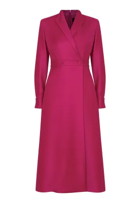 Double Breasted, Long Sleeved Coat Dress with Buttons in Magenta Wool - Savannah