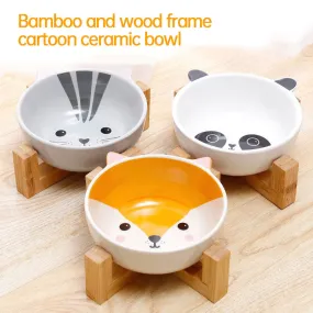 Double Ear Ceramic Cat Bowls with Bamboo Frame