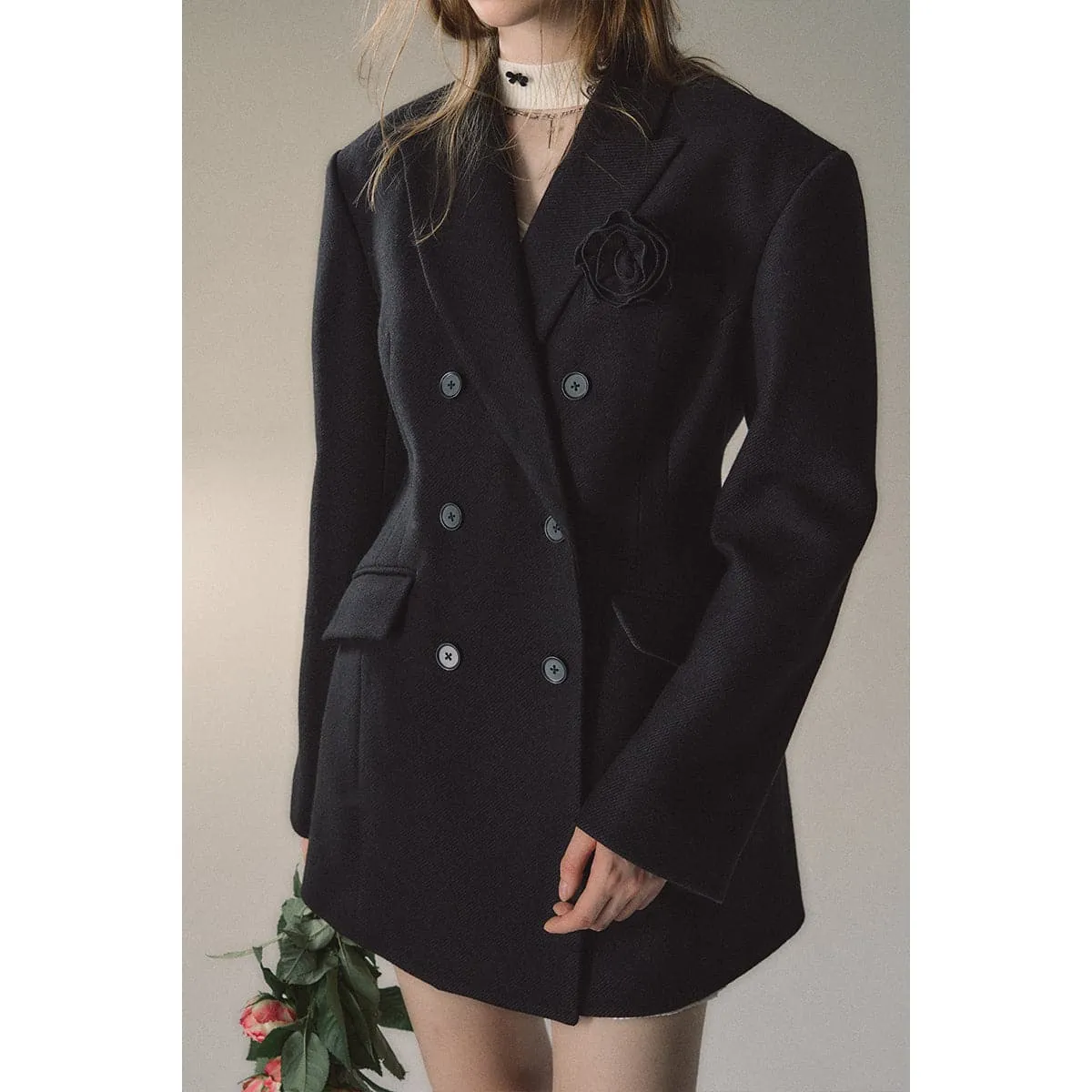 Elegant Black Wool Double-Breasted Coat