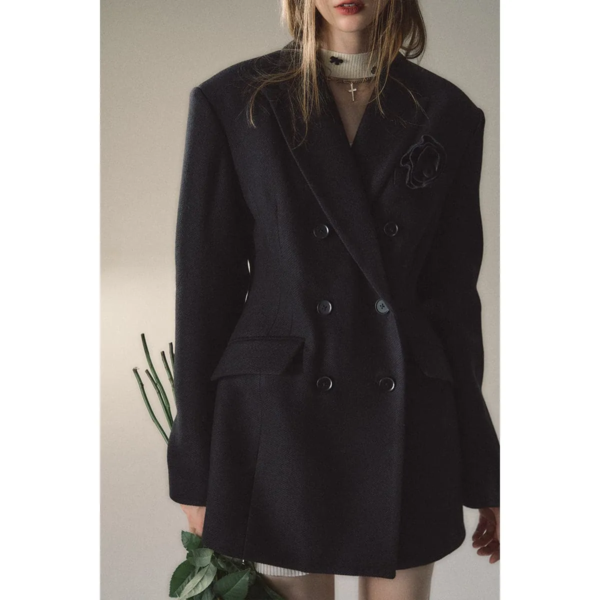 Elegant Black Wool Double-Breasted Coat