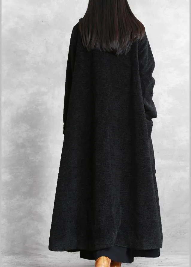 Elegant black woolen outwear plus size clothing stand collar asymmetric long coat