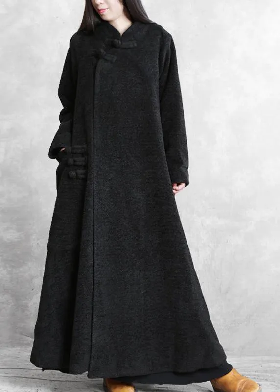 Elegant black woolen outwear plus size clothing stand collar asymmetric long coat