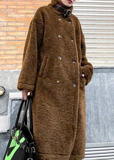 Elegant chocolate woolen coats Winter coat lapel pockets coats