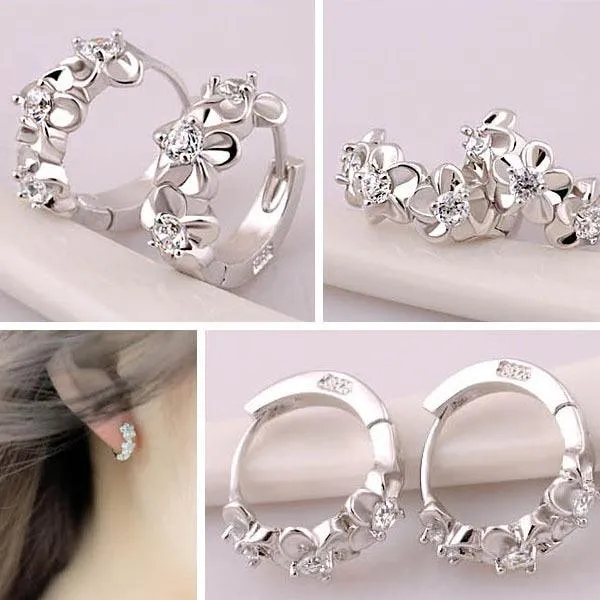 Elegant Flower Cubic Zirconia Hoop Earring, Rhodium Plated Vivid Ear Stud for Women