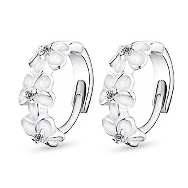 Elegant Flower Cubic Zirconia Hoop Earring, Rhodium Plated Vivid Ear Stud for Women