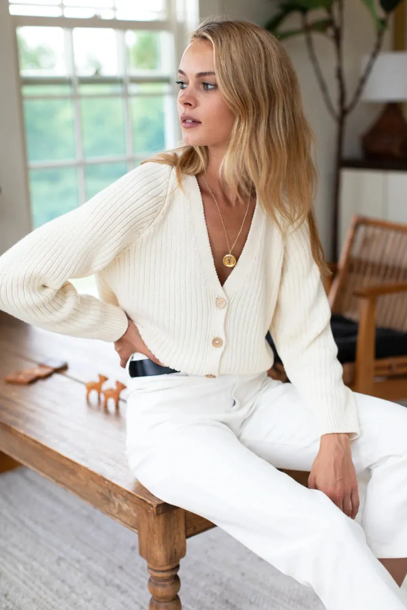 Emerson Fry Low V Neck Cardigan Ivory Organic