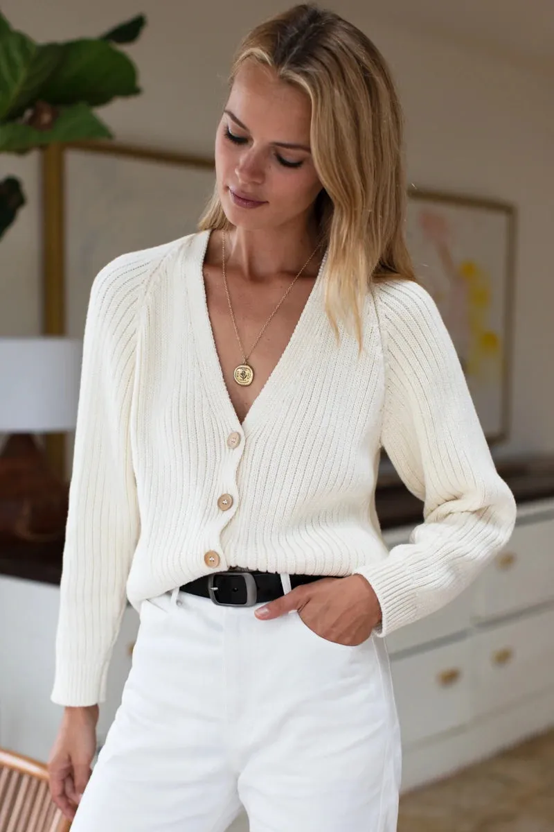 Emerson Fry Low V Neck Cardigan Ivory Organic