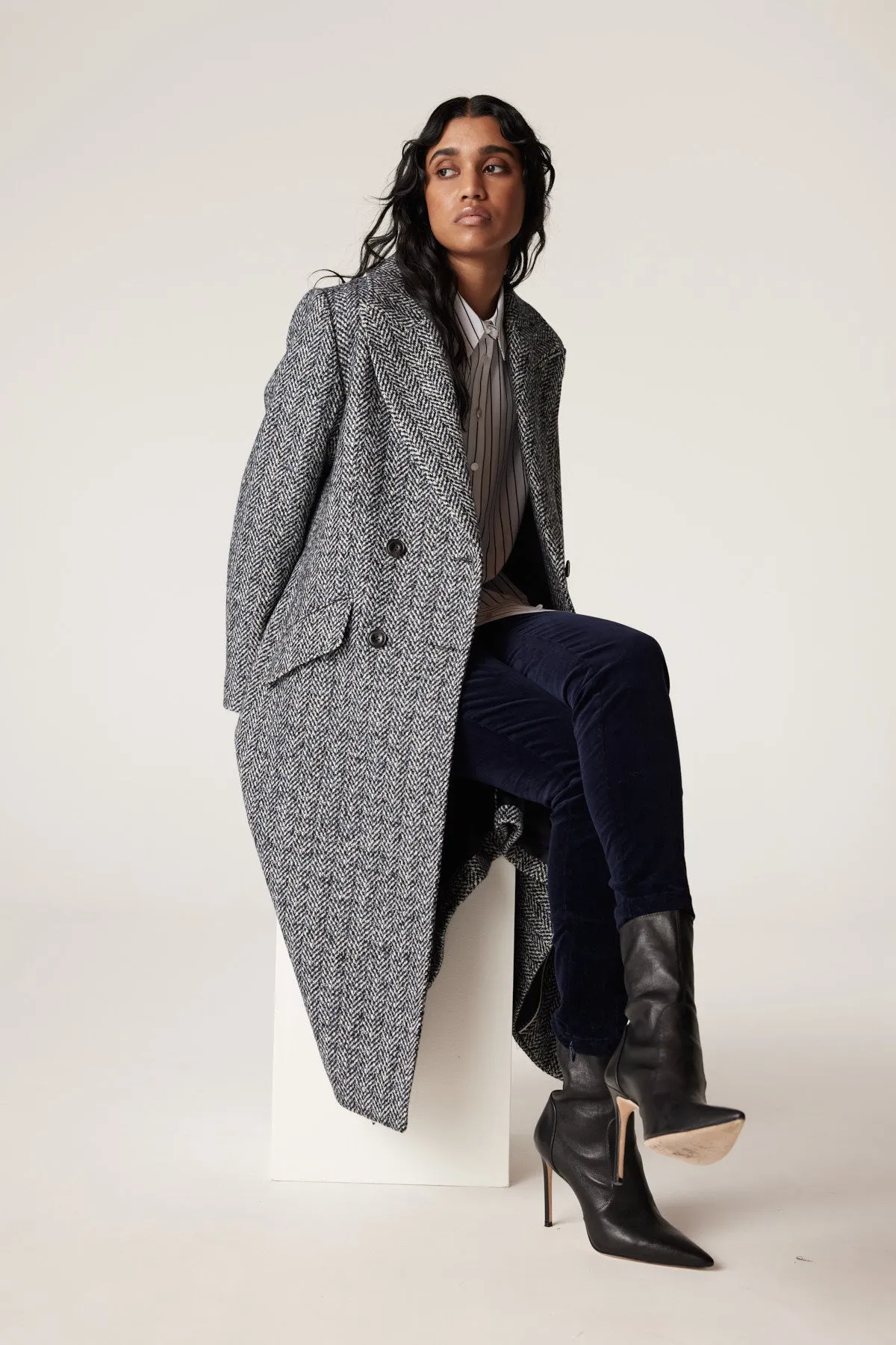 Emma Herringbone Coat - Blue Herringbone