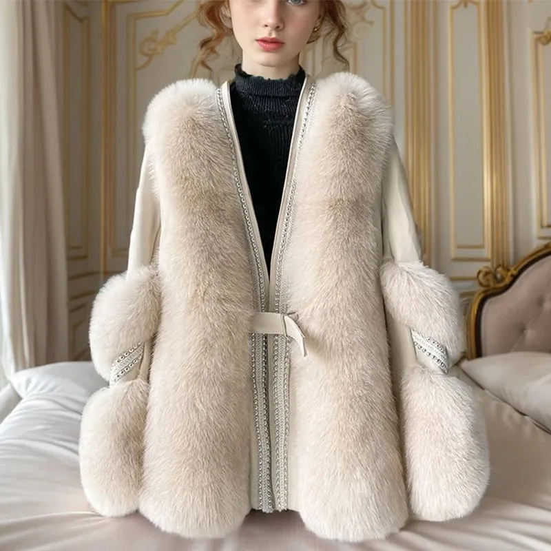 Fashion Slim White Furry Jacket Women 2023 Autumn Winter Thick Warm Faux Leather Fur Coat M B-33531