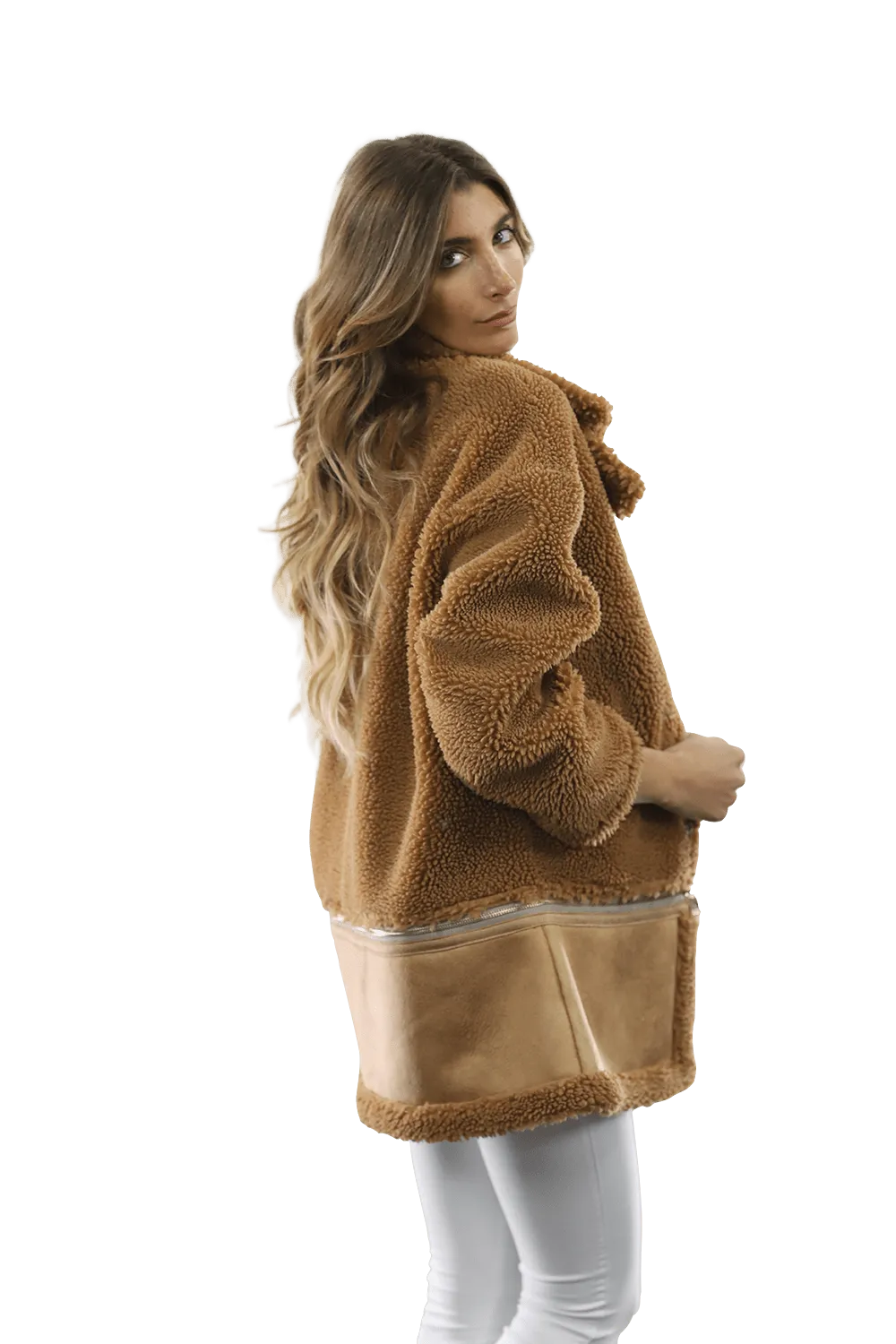 Faux Fur Coat with Zipper detail - Brown