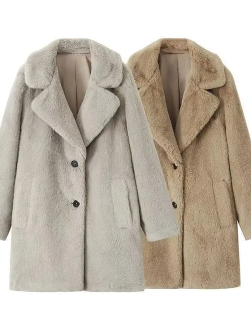 Faux Fur Lapel Neck Coat with Pocket