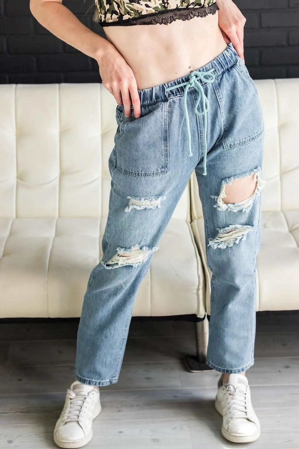 FINAL SALE - Distressed Boyfriend Denim Joggers Jeans