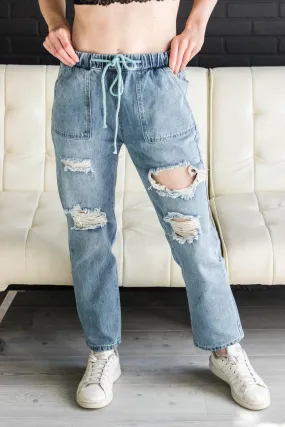 FINAL SALE - Distressed Boyfriend Denim Joggers Jeans