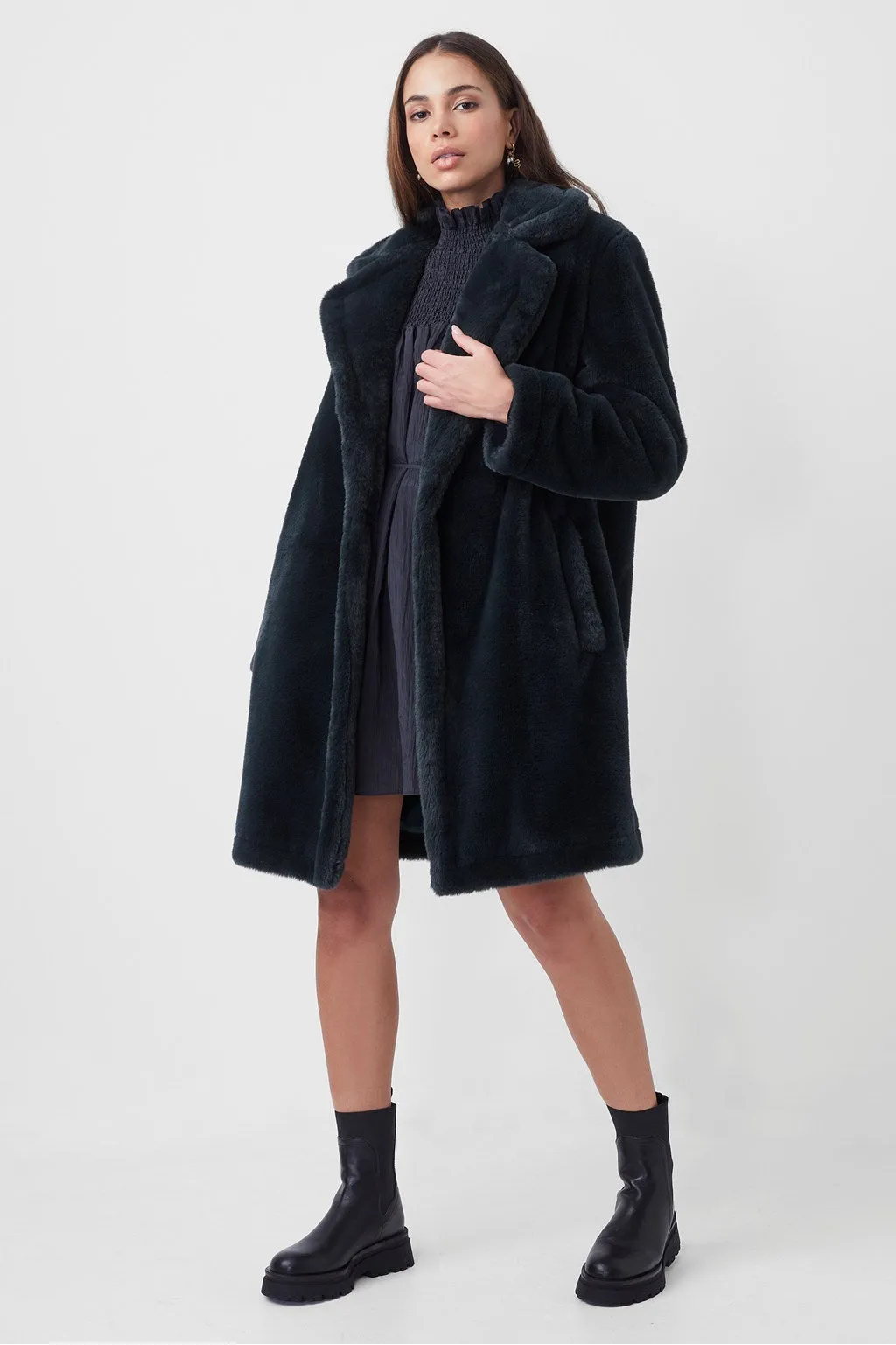 French Connection BUONA FAUX FUR LONG COAT DARK SPRINGS 70RAH