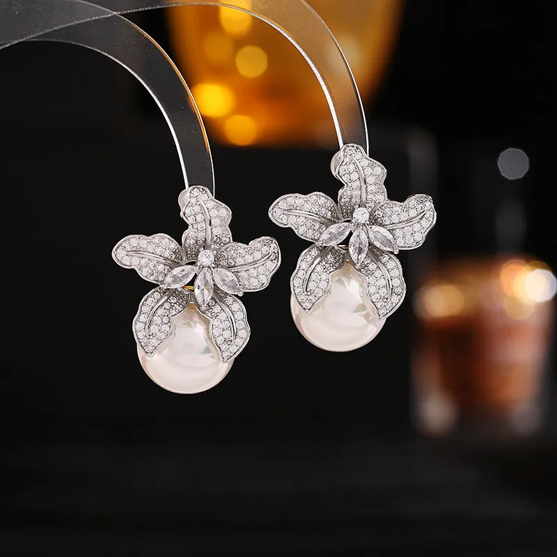 French elegant temperament, flower pearl earrings