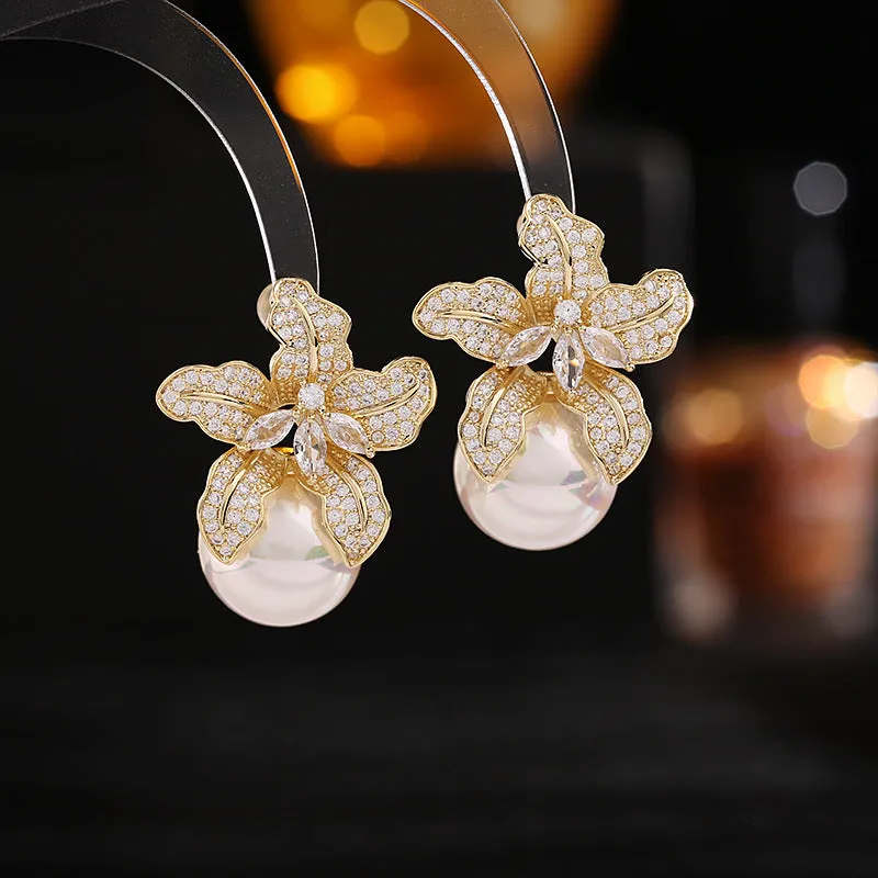 French elegant temperament, flower pearl earrings