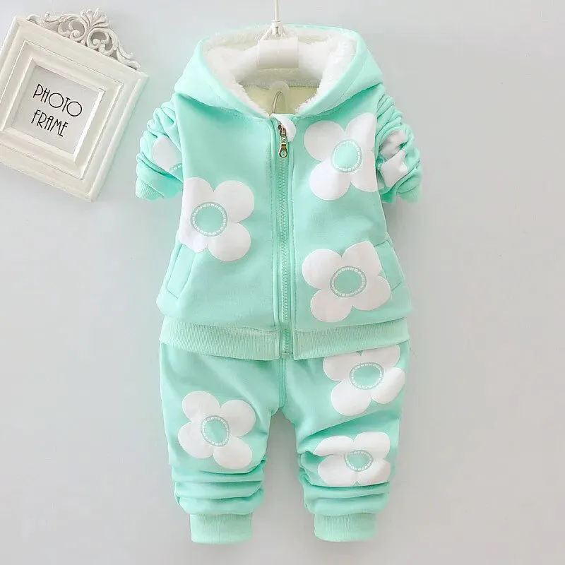 Girls Flower Thick Autumn Winter Hoody Jacket Pants Set*