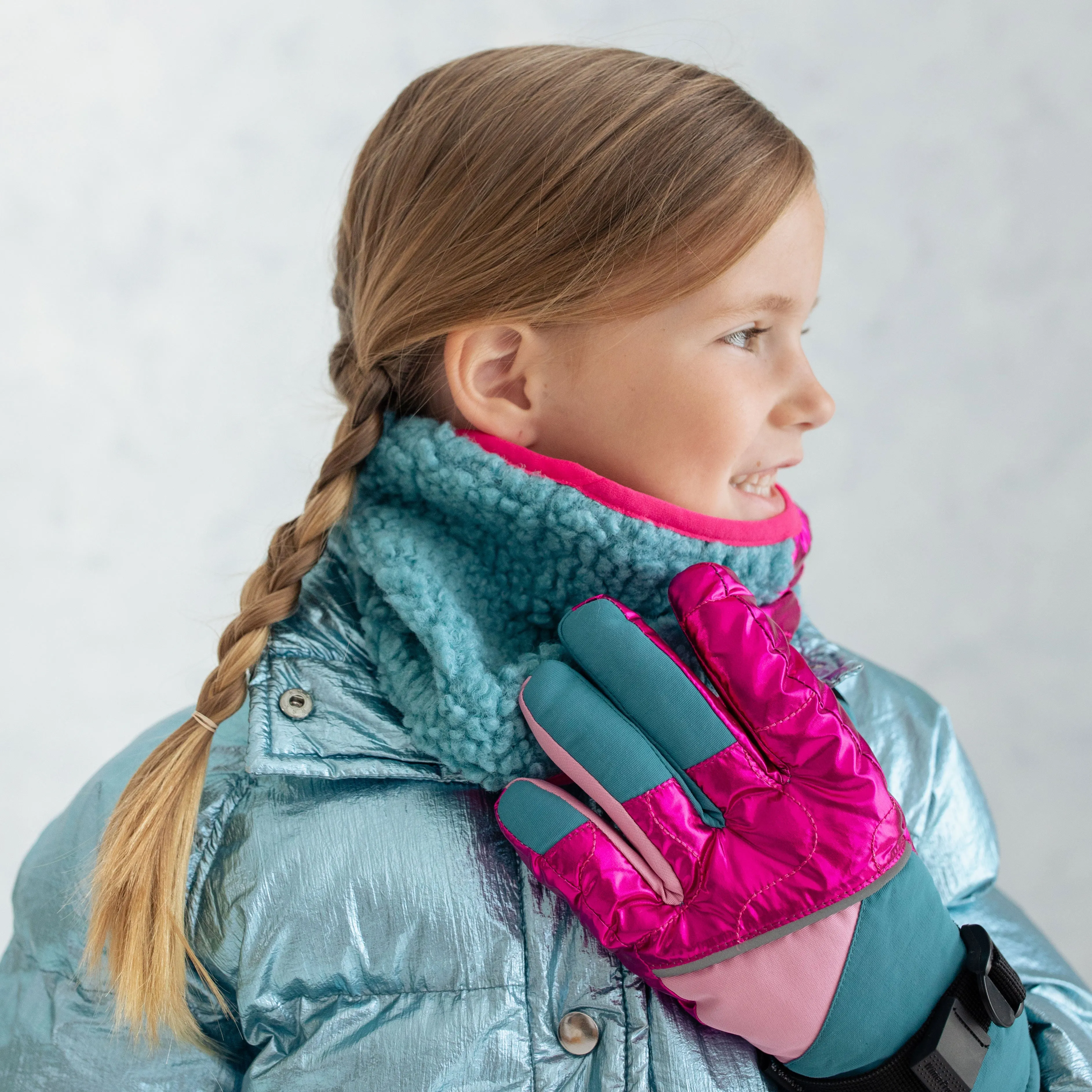 Girl's Pagoda Blue Metallic Magenta Ski Gloves