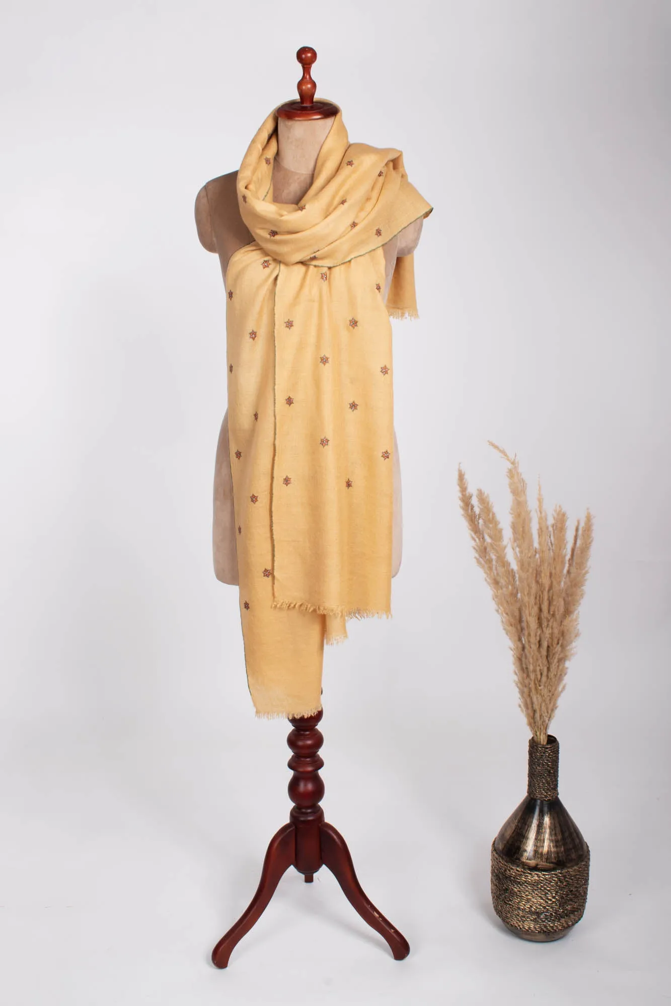 Gold Color Star Embroidered Pashmina Shawl with a Minimalist Touch - ARCADIA