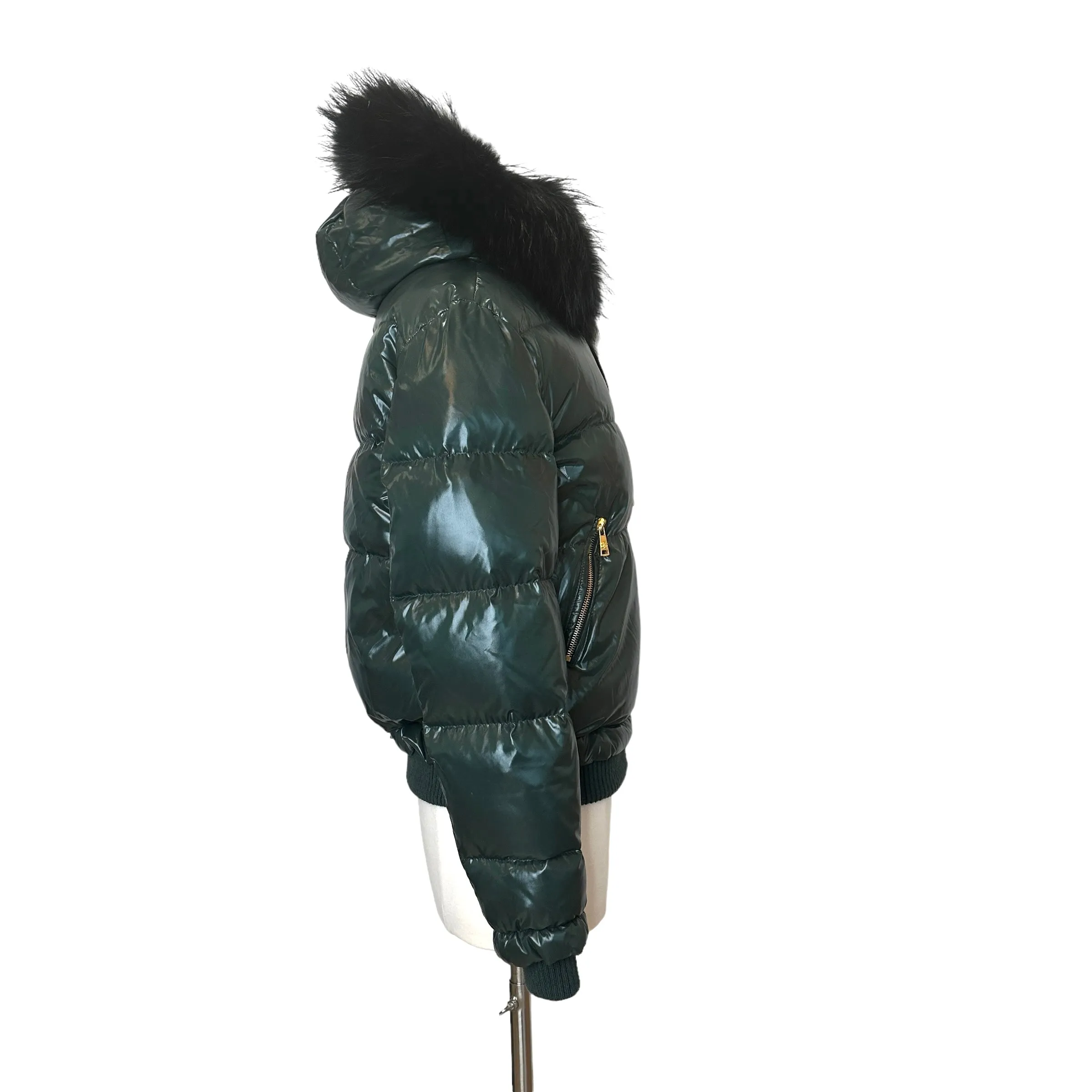 Green Puffer Coat w/Fur - S