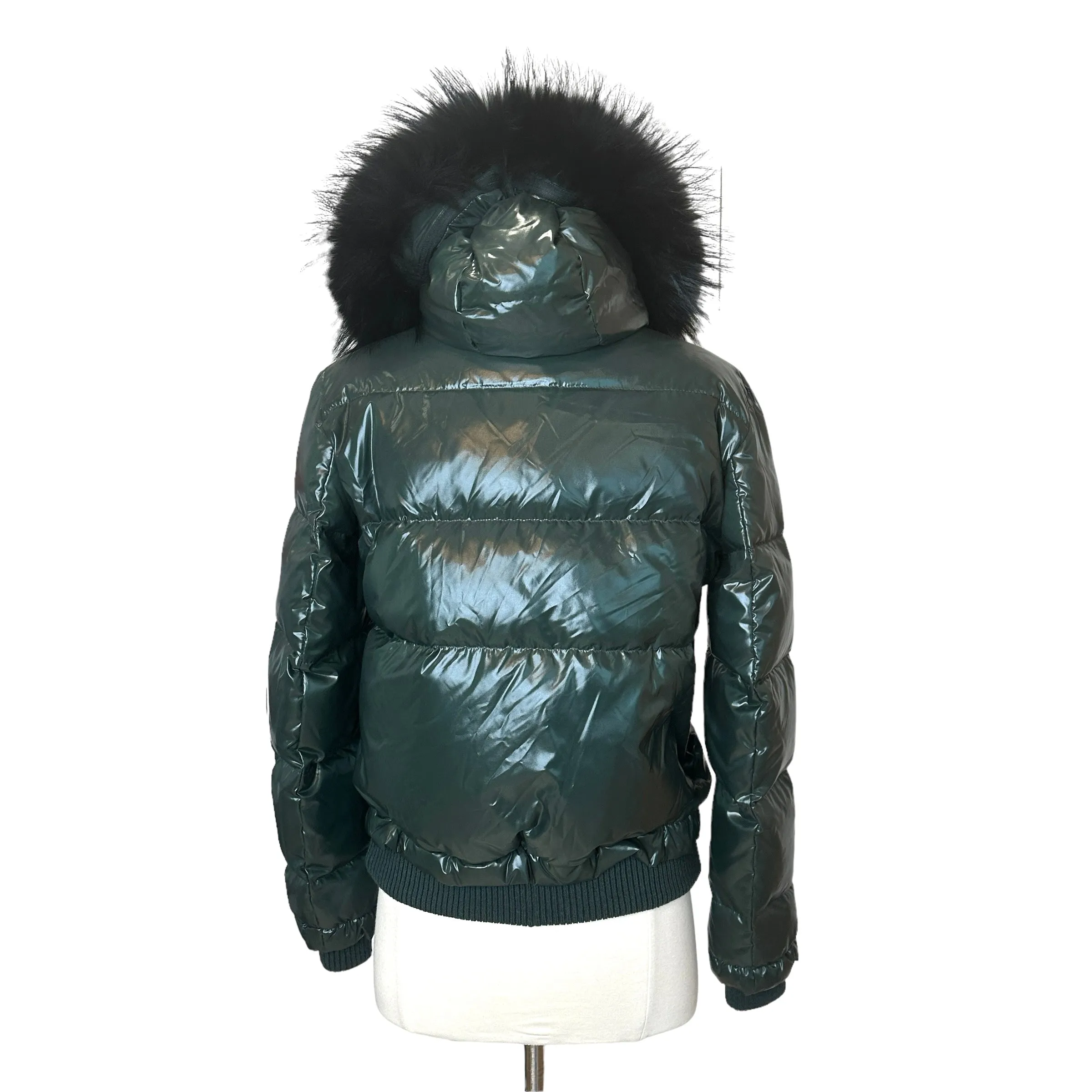 Green Puffer Coat w/Fur - S