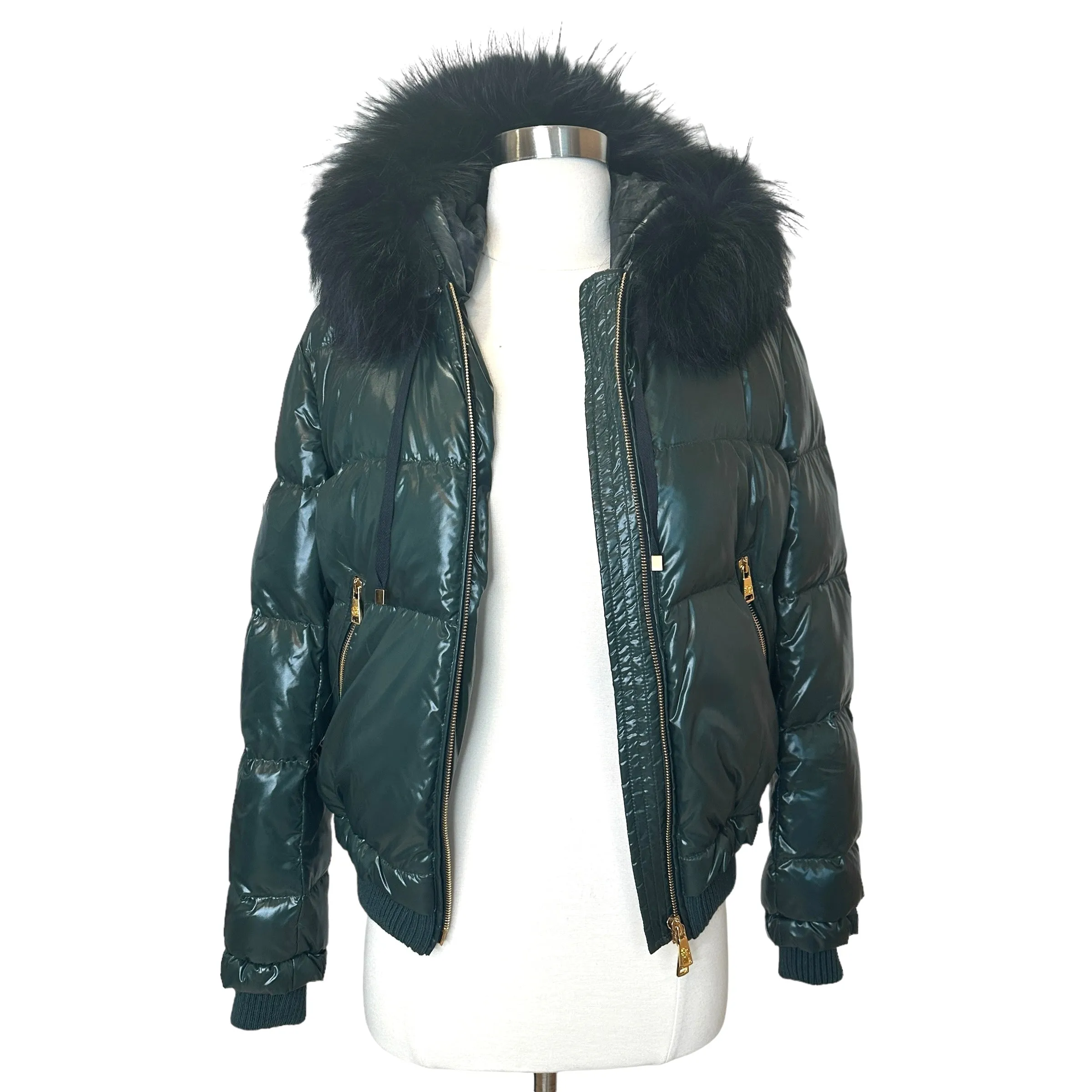 Green Puffer Coat w/Fur - S