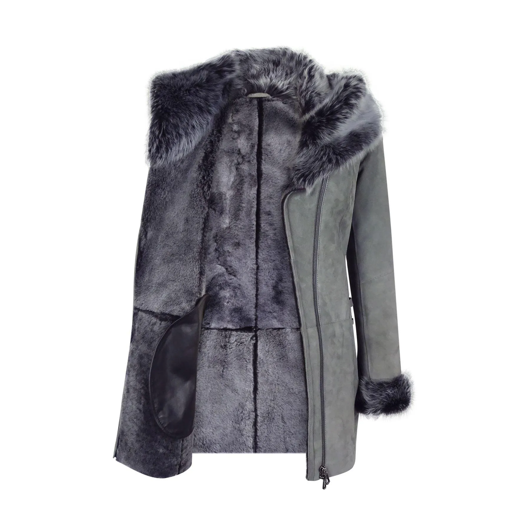 Grey Ladies Long Suede Real Toscana Sheepskin Coat Zipped Hood Tailored Fit