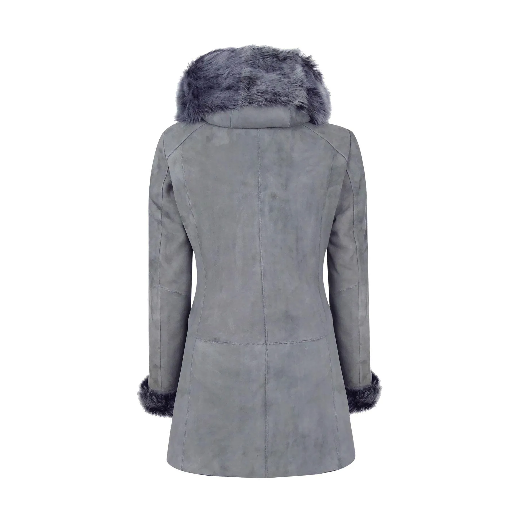 Grey Ladies Long Suede Real Toscana Sheepskin Coat Zipped Hood Tailored Fit