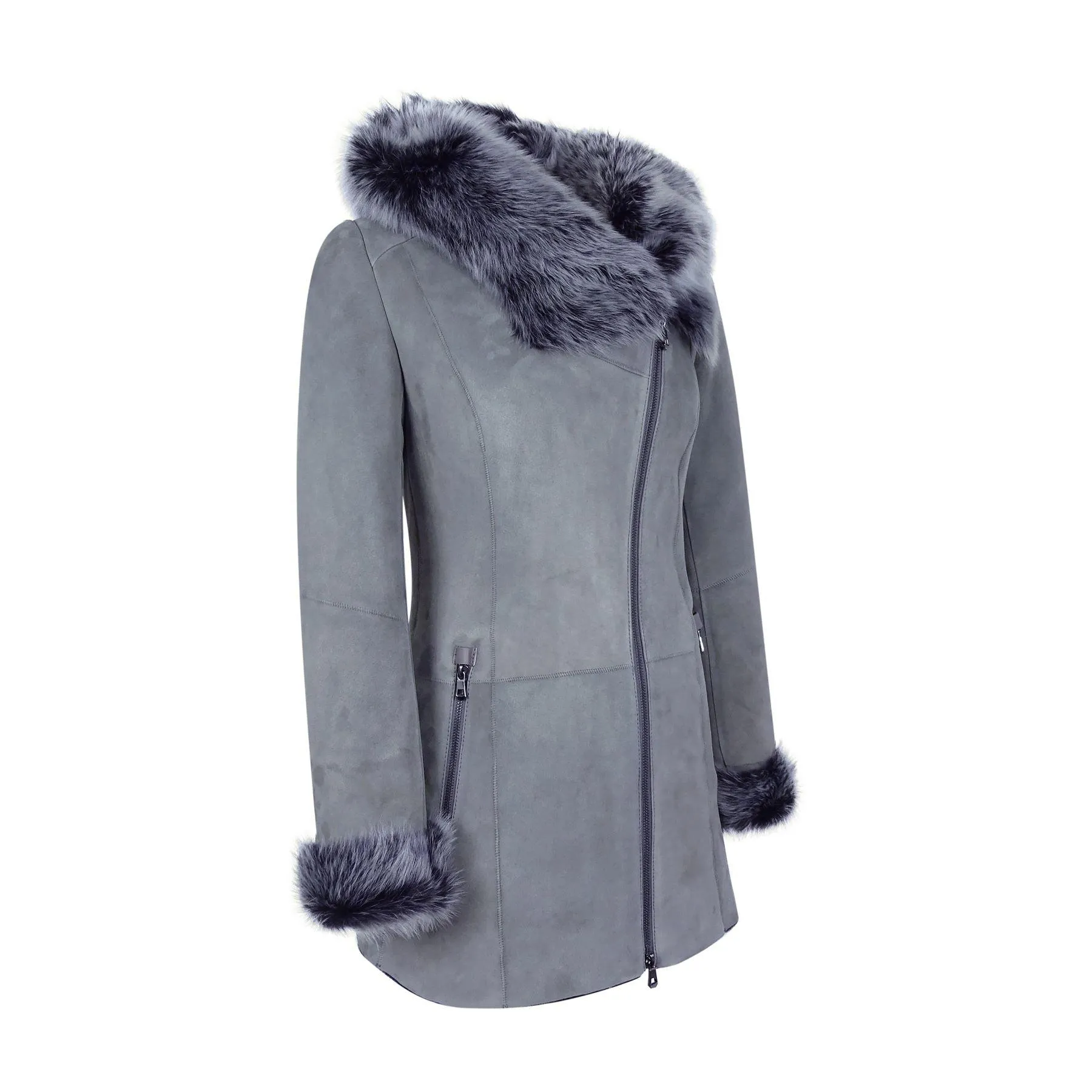 Grey Ladies Long Suede Real Toscana Sheepskin Coat Zipped Hood Tailored Fit